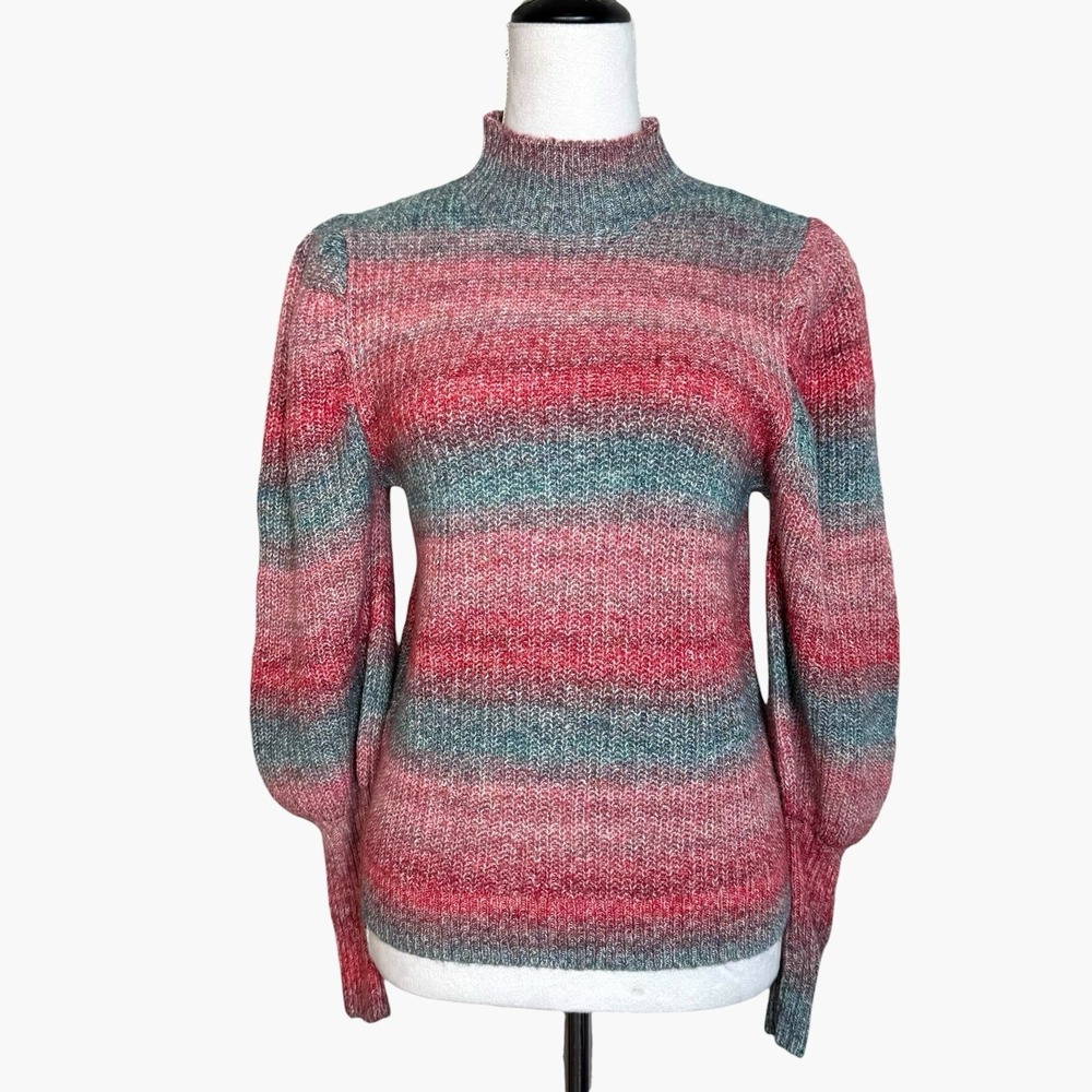 Leith Space Dye Mock Neck Sweater XS Pink Blue Chunky Ribbed Puff Sleeve Cottage